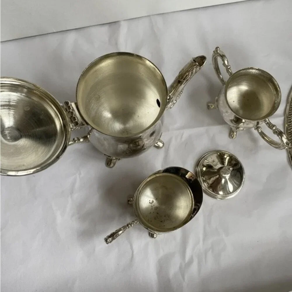 VTG Silver Plate Small 4 piece Coffee Set Teapot Creamer Sugar Bowls & Tray